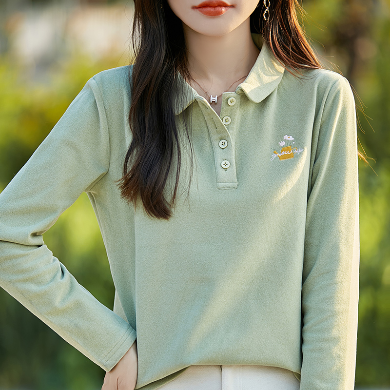 双面德绒半开领刺绣打底衫