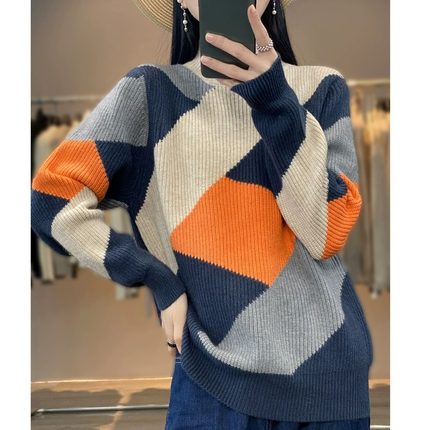 毛衣女2023年秋冬新款半高领宽松拼色加绒女士打底衫加厚洋气爆款