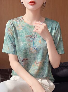 国风复古凤凰印花薄款百搭短袖