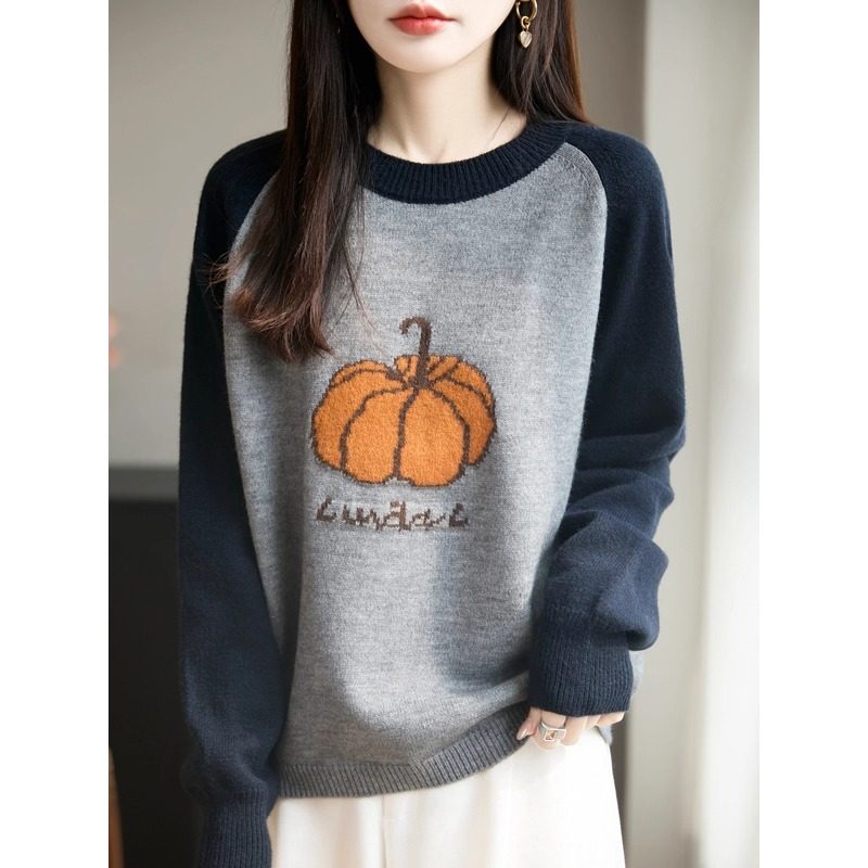 插肩袖外穿提花韩版撞色拼接南瓜图案针织衫女圆领宽松打底衫毛衣,女装/女士精品,毛针织衫,淘宝优惠券,粉丝福利购,淘宝优惠卷