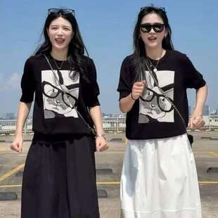欧洲站韩版卡通兔子短袖T恤女25新款早秋薄款冰丝针织衫体恤上衣
