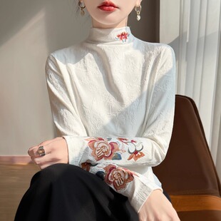 配国风马甲内搭衬衫白色新中式刺绣长袖T恤女加绒毛衣针织打底衫