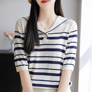 2025夏季海军领莱赛尔天丝针织衫短袖女欧货薄款黑白条纹中袖t恤
