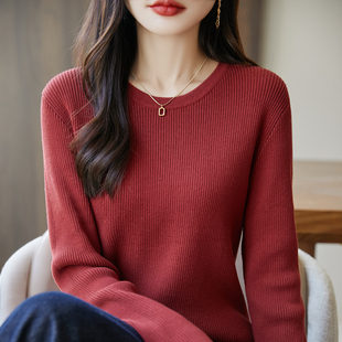 法式100纯棉针织长袖打底衫女2025新款圆领套头保暖内搭miu系毛衣