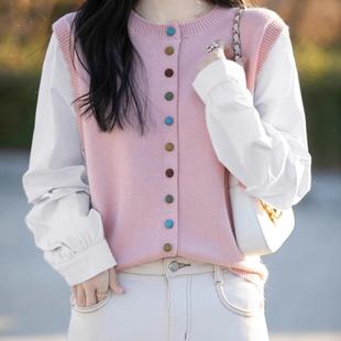 衬衣开衫 2025春季 简约假两件拼袖 时尚 女百搭宽松减龄针织外搭 新款