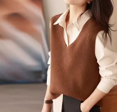 叠穿V领针织衫马甲背心女秋冬