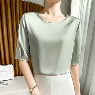 t恤 内搭 上衣休闲半袖 圆领真丝短袖 女宽松纯色气质简约23春季 新款