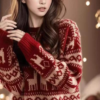 慵懒风羊毛针织衫女秋冬红色