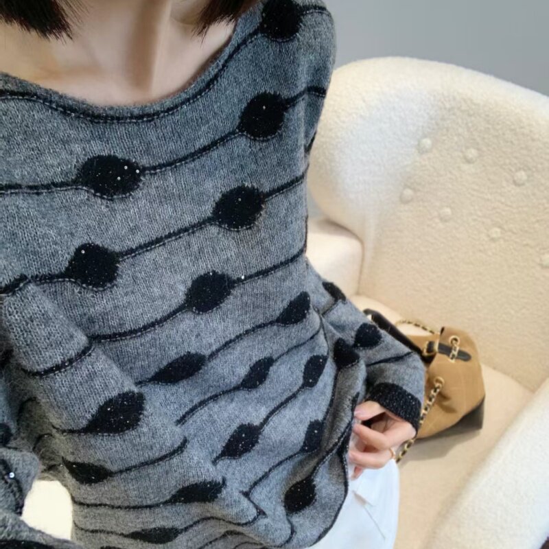 设计感波点落肩袖精纺羊毛针织衫女秋季圆领套头宽松显瘦灰色毛衣