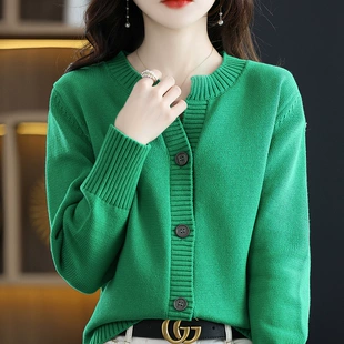 新100纯棉开衫 女圆领纯色毛衣宽松百搭羊毛针织上衣外套 2022春季