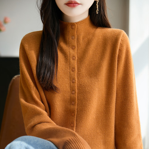 韩系立领针织开衫女多扣宽松长袖
