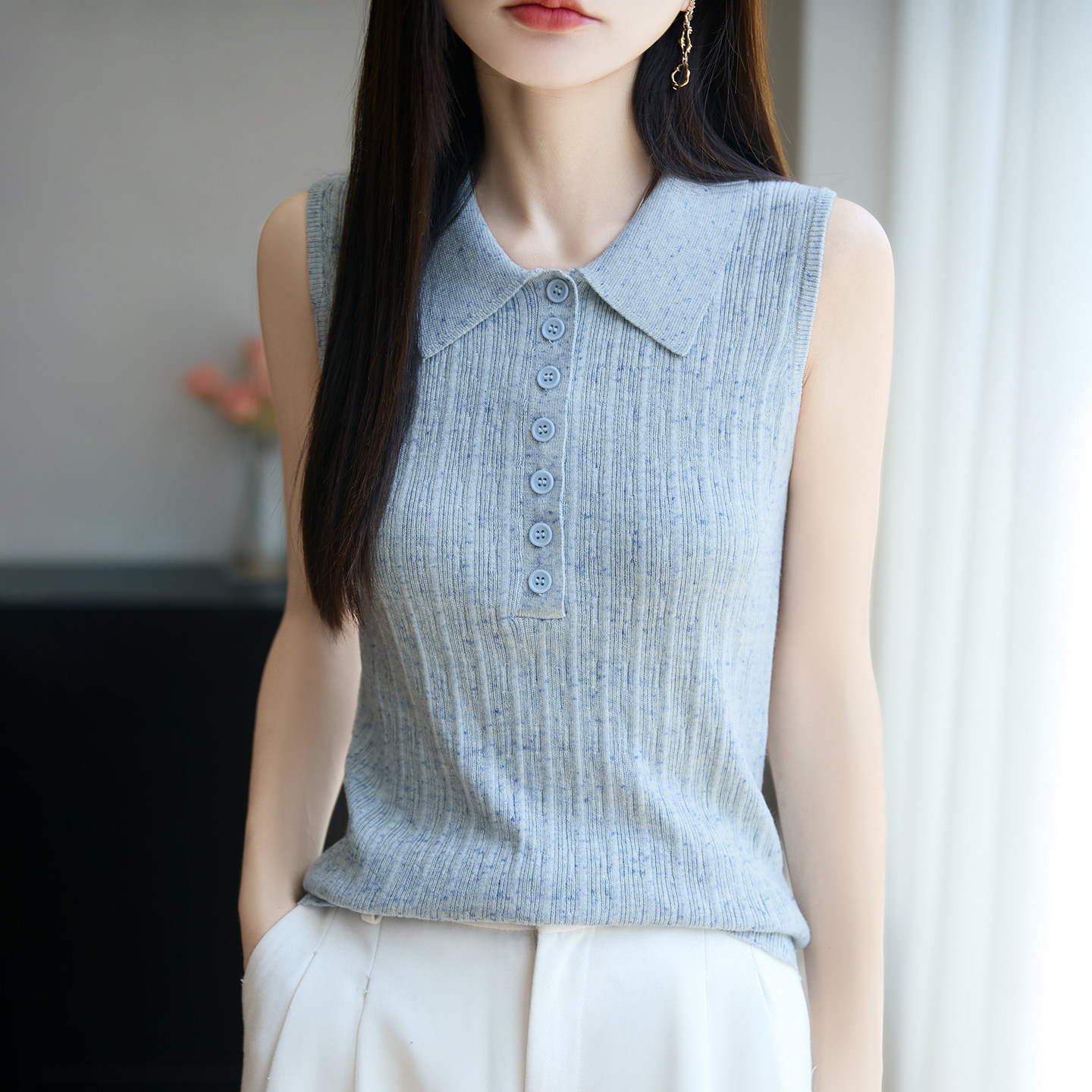 polo翻领纽扣无袖针织衫女T恤背心2025新款上衣薄毛衣内搭打底衫,女装/女士精品,背心吊带,淘宝优惠券,粉丝福利购,淘宝优惠卷