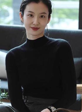 法式黑色半高领打底衫女秋冬内搭正肩针织衫修身高级感中领毛衣