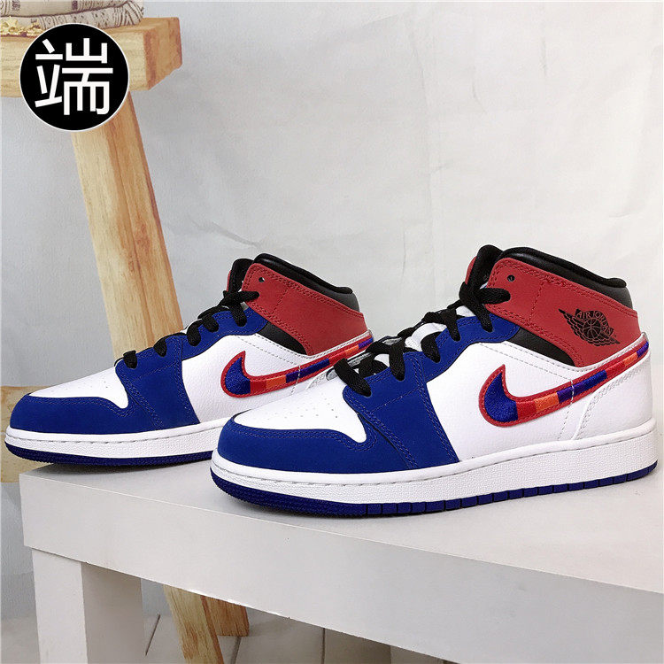 air jordan 1 mid aj1女子白蓝红彩钩 拼接鸳鸯篮球鞋 bq6931-146