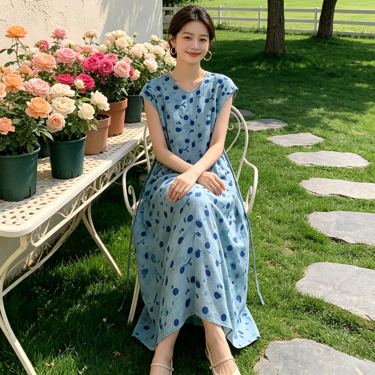 女士V领棉绸碎花连衣裙收腰2026新款夏季大码宽松显瘦波点A字长裙