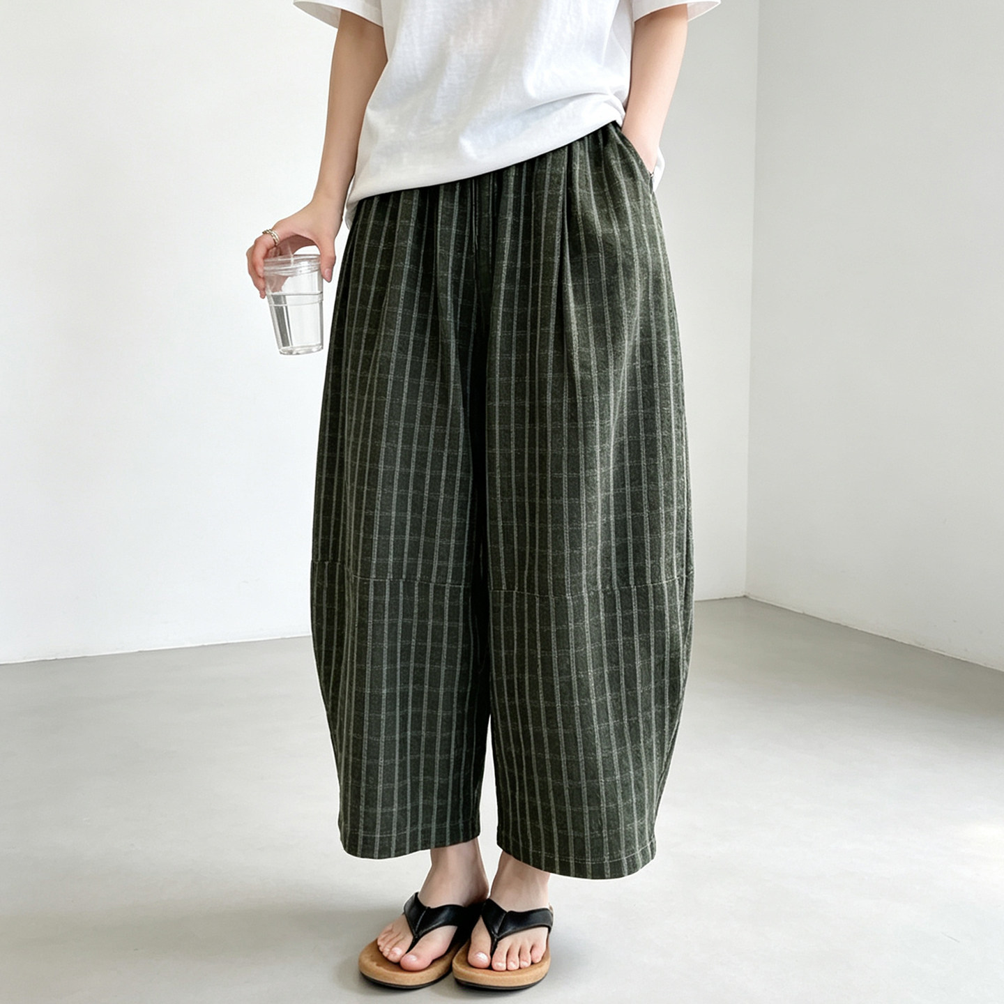 复古格子棉麻气球裤女夏季薄款高腰休闲裤新款百搭宽松显瘦阔腿裤