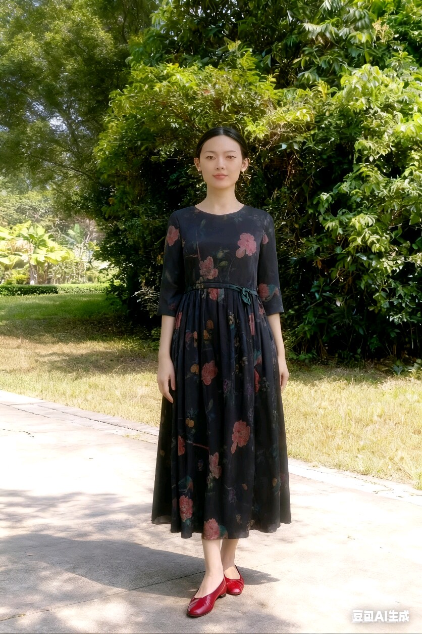 子青【鸟语花香】真丝珍珠缎香云连衣裙