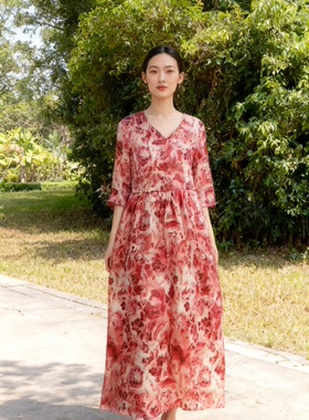 子青 春夏秋季新款苎麻复古改良旗袍宽松连衣裙特价【火焰】