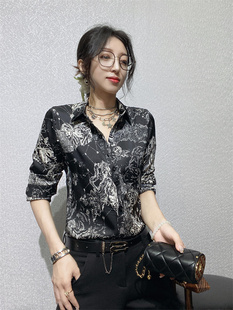 夏女士长袖衬衫真丝POLO领印花气质衬衣修身显瘦女士上衣打底小衫