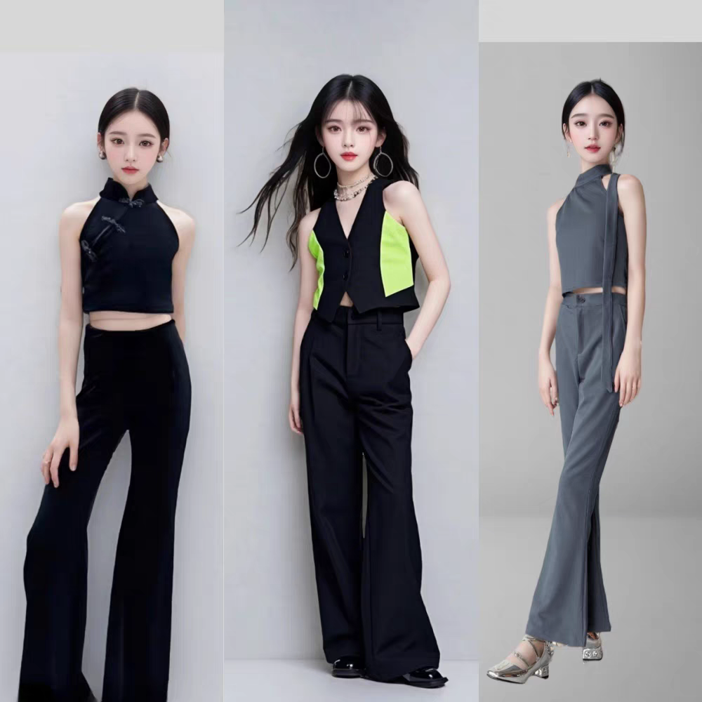 女童模特形体套装走秀潮服上衣少儿潮服新中式T台服装黑色演出服