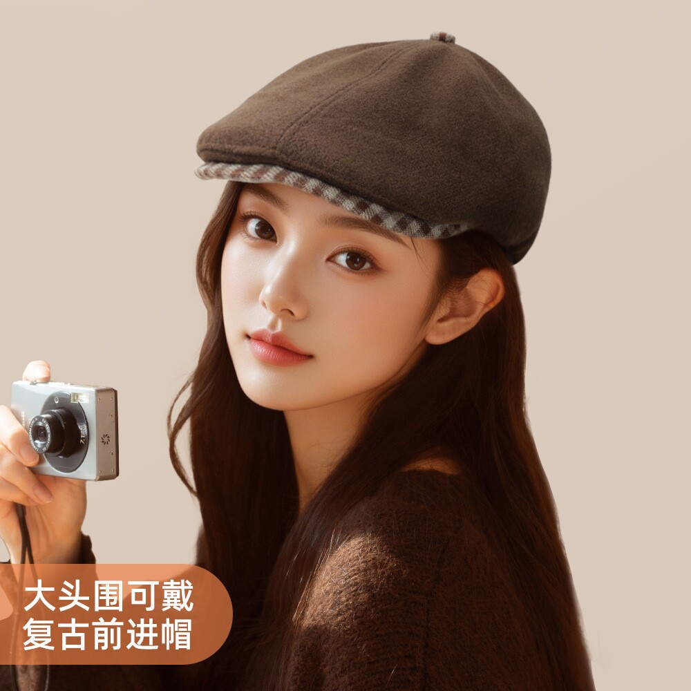 日系咖啡色格子贝雷帽