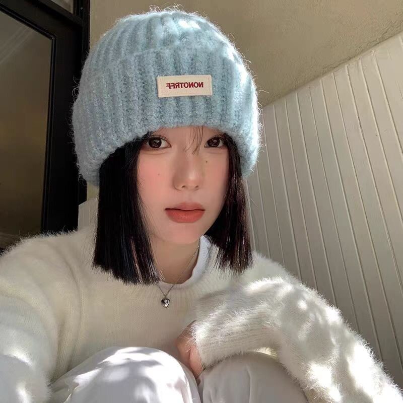 蓝色毛线帽女秋冬季显脸小