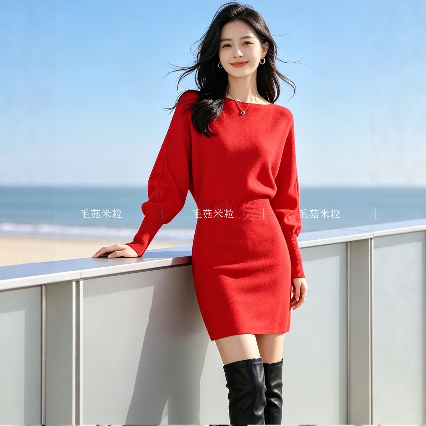 2026新款长袖针织连衣裙女秋冬小个子一字肩大码蝙蝠袖包臀毛衣裙