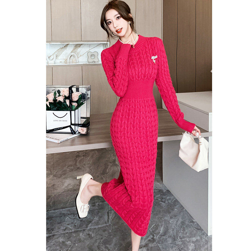 法式麻花配大衣针织连衣裙