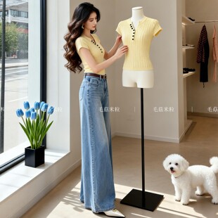 春夏装女款2026年新款短袖针织衫女高级感冰丝镂空半开领t恤上衣