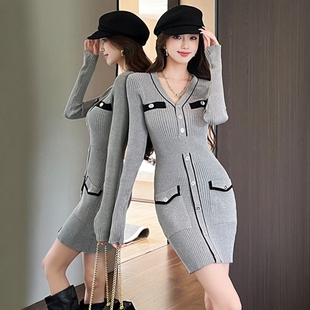 2025新款韩系早秋冬针织长袖连衣裙女轻奢高级感小个子包臀毛衣裙