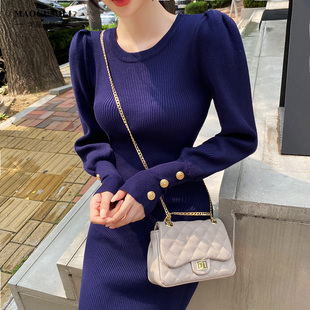 针织连衣裙女秋冬时尚泡泡袖中长款修身包臀长袖打底裙内搭毛衣裙