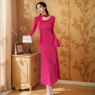 针织连衣裙女秋冬法式 显瘦打底长裙 荷叶边花朵飘带气质高级感修身