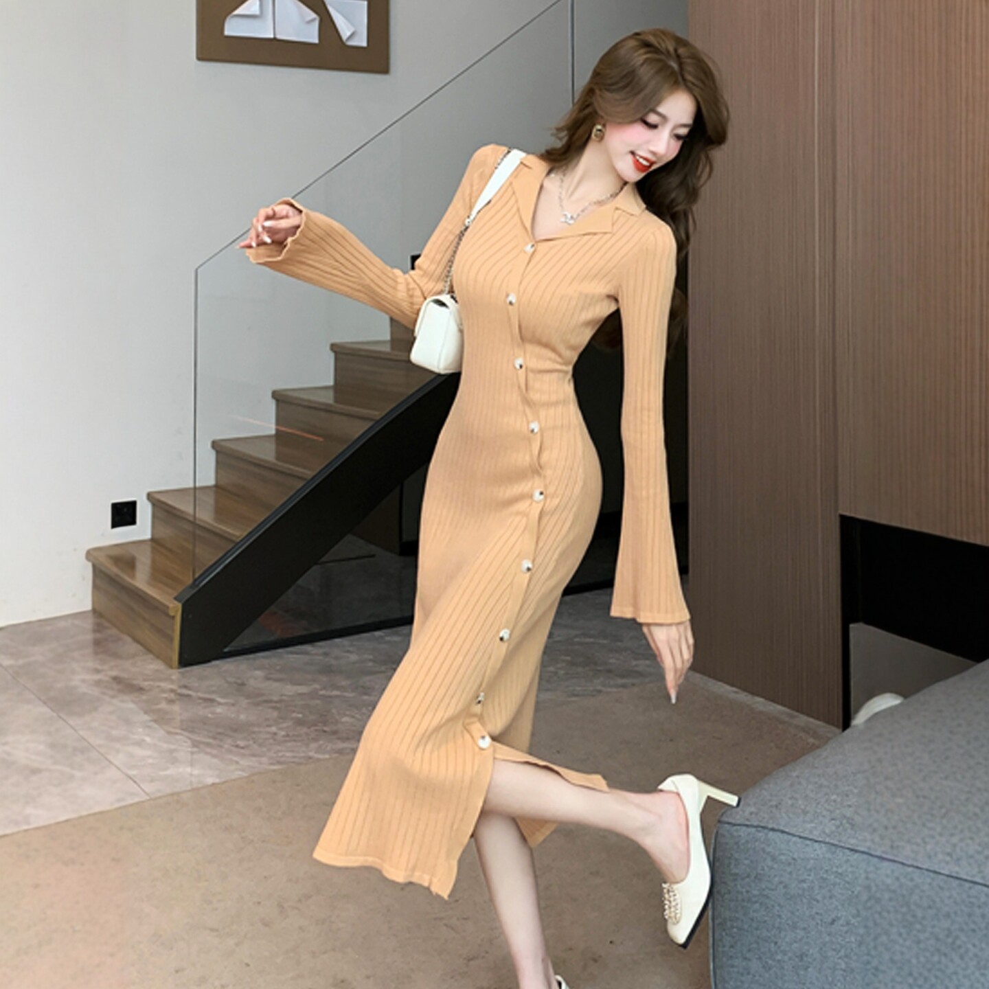 法式高级感小翻领针织连衣裙