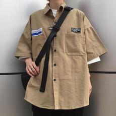 潮男潮女2022夏季新款韩国复古原宿BF风双口袋工装短袖衬衫