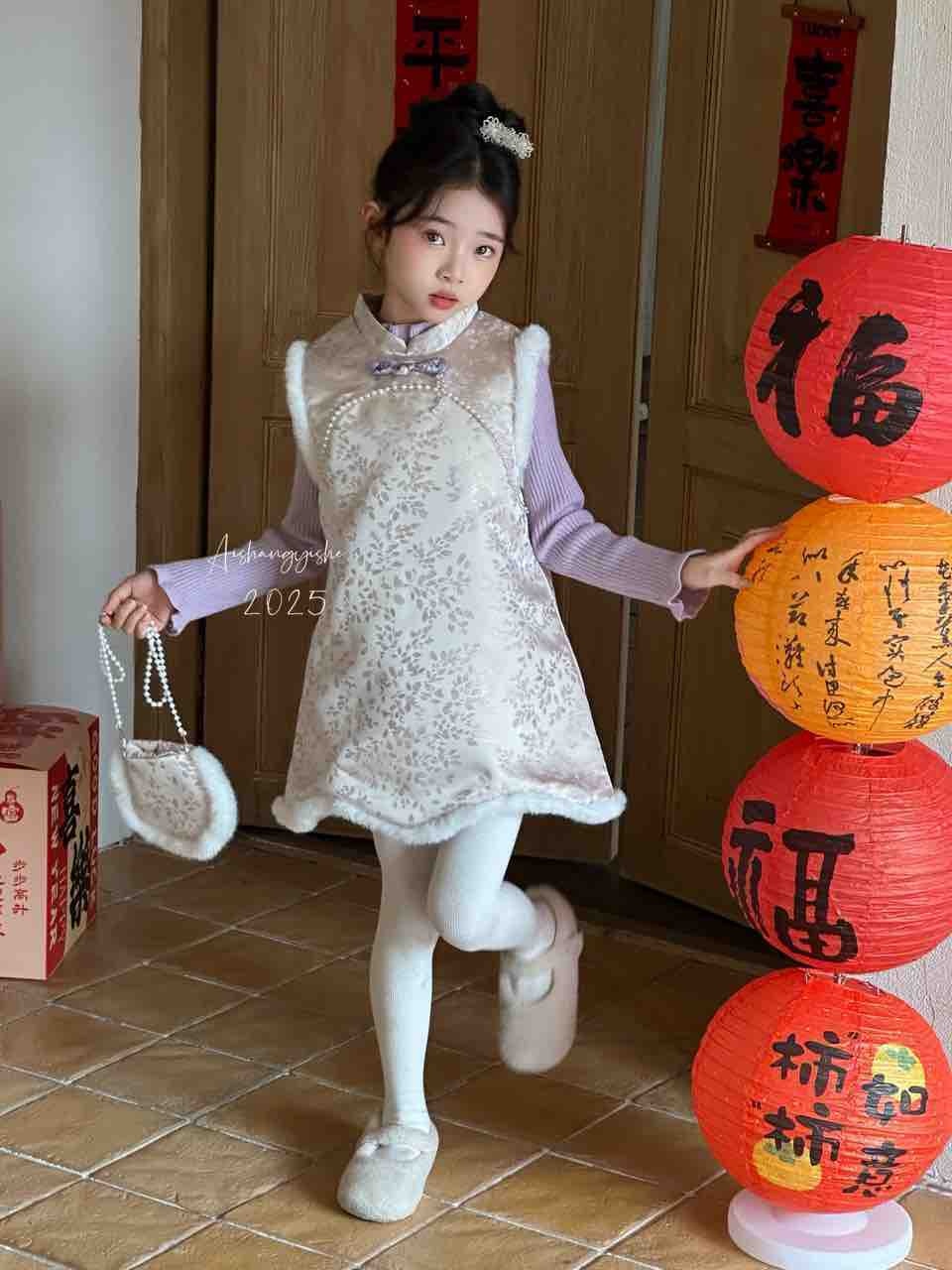 女童旗袍裙2025新款儿童冬季加厚保暖背心裙中童女孩拜年服两件套