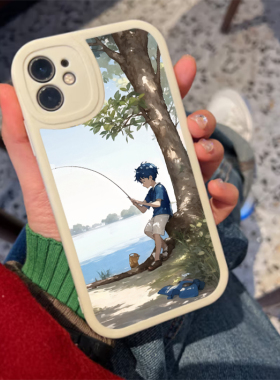 文艺唯美夏日蓝色钓鱼少年插画适用iphone13苹果14PRO 荣耀70 X70 MATE50 NOVA8 1+9 IQOO硅胶手机壳包邮防摔