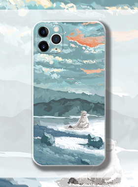 手绘创意北极熊风景适用iphone13 苹果14PRO 荣耀70 X70 MATE50 NOVA8 1+9 IQOO硅胶手机壳包邮防摔
