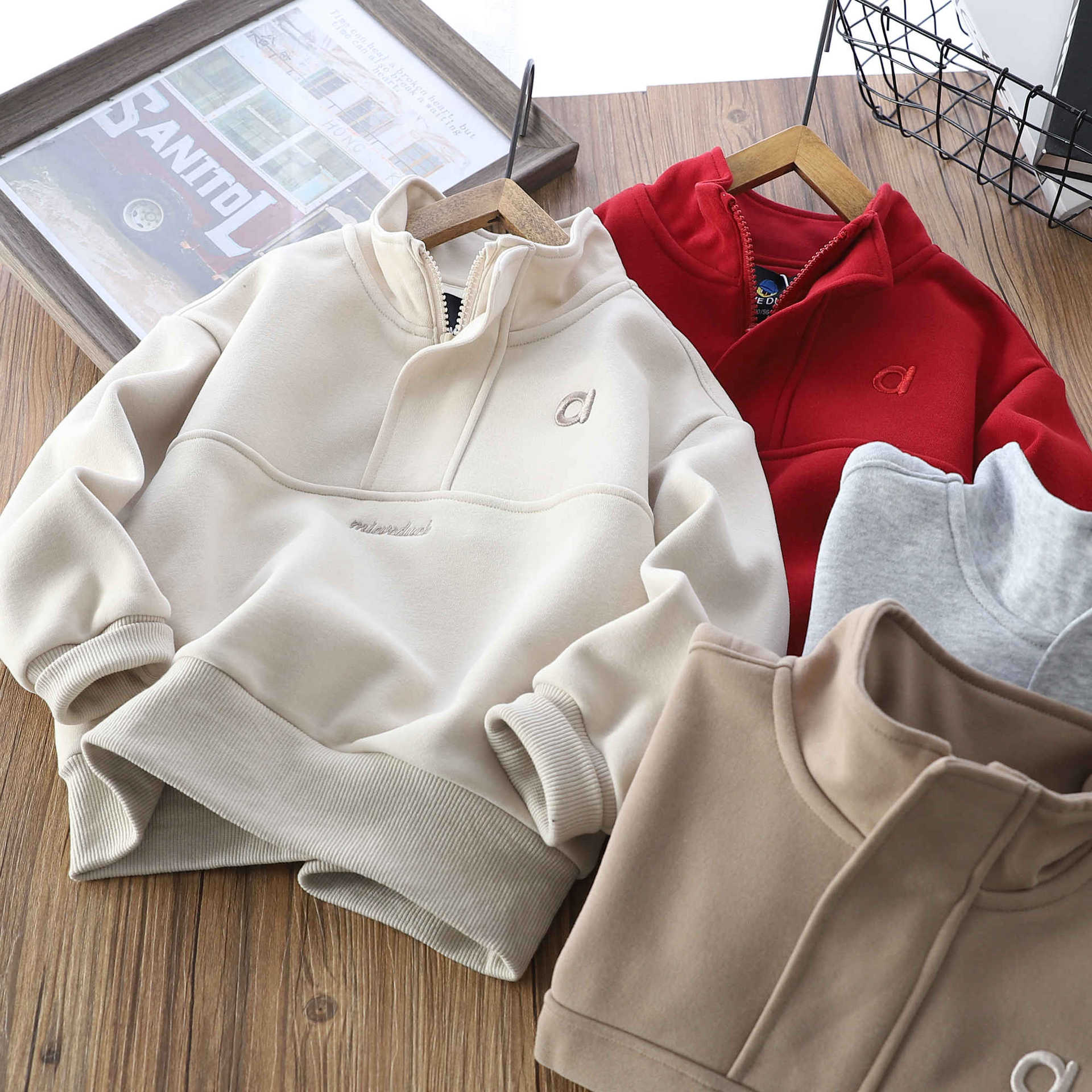 2025冬季新款男童女童半开拉链卫衣中大童一体绒上衣半高领防风