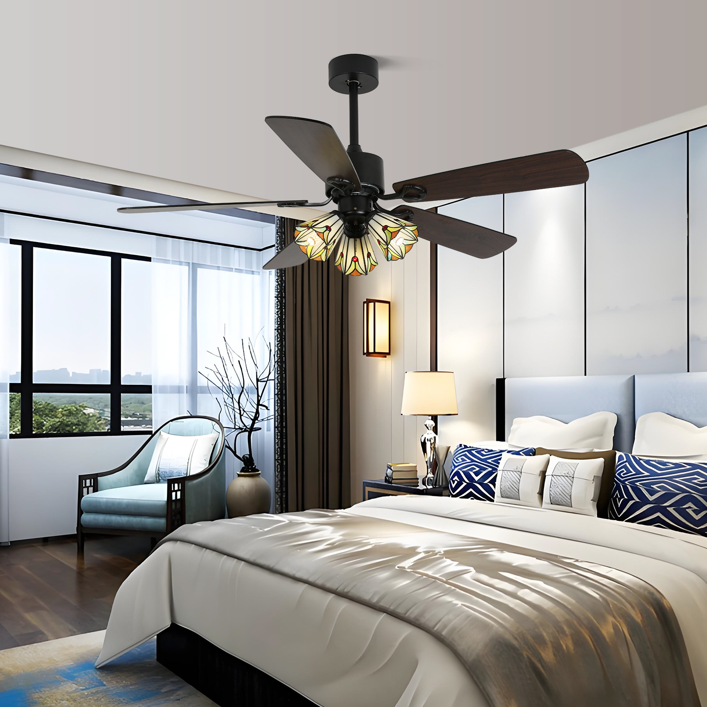 宸居新款蒂凡尼复古风扇灯餐厅家用中古客厅电风扇吊灯卧室吊扇灯