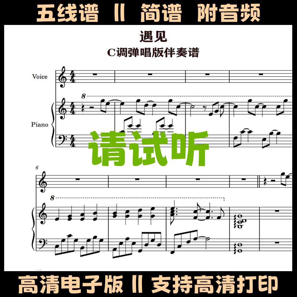 《遇见》钢琴伴奏谱弹唱谱五线谱双手数字简谱C调演奏乐谱曲谱
