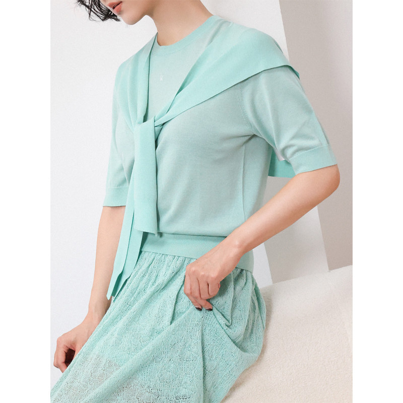 KAKA法国设计师薄款精纺羊毛马卡龙色针织披肩圆领五分袖T恤套装