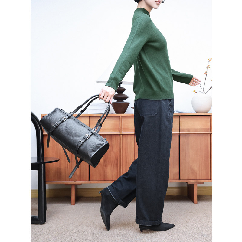 KAKA欧洲客订款帆布拼牛皮拉链单肩腋下手提通勤大容量波士顿包女