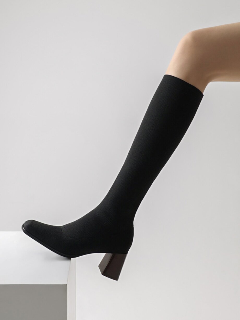 A SCORCHING AND DAZZLING PRESENCE PARISIAN CUSTOM WOVEN THICK STRETCH FABRIC FASHIONABLE GODDESS BLOCK HEEL BOOTS