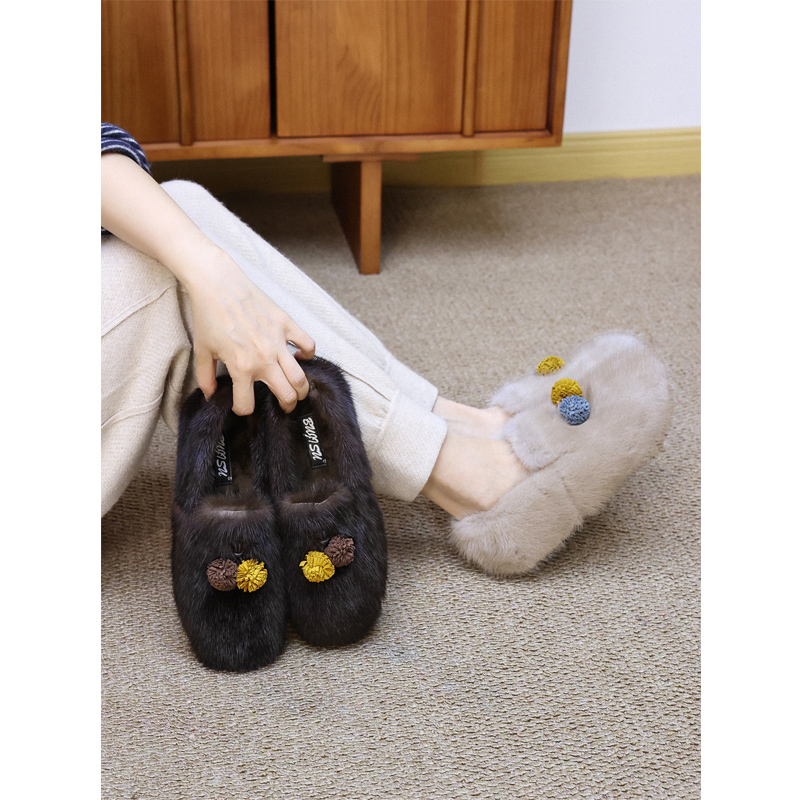 水貂毛流苏彩球深口保暖毛毛鞋女