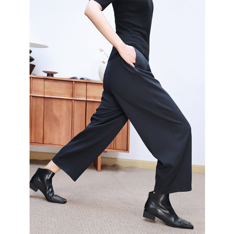 法式精纺羊毛面料宽直筒九分裤女