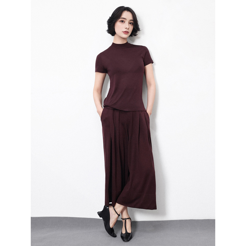 精纺丝羊毛压褶名媛九分阔腿裙裤