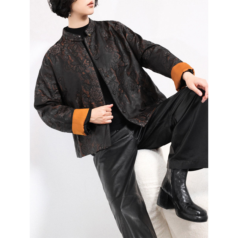 香云纱牡丹浮雕新中式立领棉服女