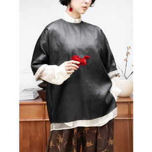 KAKA 欧洲客订龟纹桑蚕丝香云纱拼欧根纱五分袖叠层假两件T恤上衣
