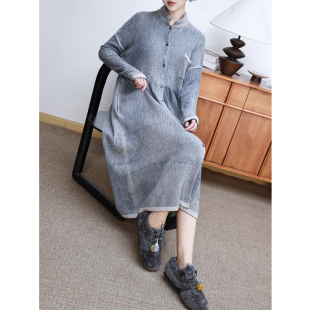 纯山羊绒针织挪威森林系墨香透印方翻领长袖 连衣裙 伦敦秀款 KAKA