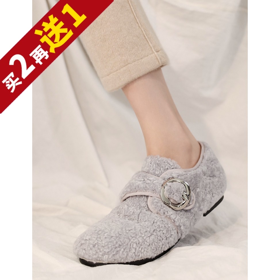 奢暖仙女风！法国柜款羊羔毛一体圆头一字扣平底保暖毛毛鞋KAKA特,女鞋,深口单鞋,淘宝优惠券,粉丝福利购,淘宝优惠卷